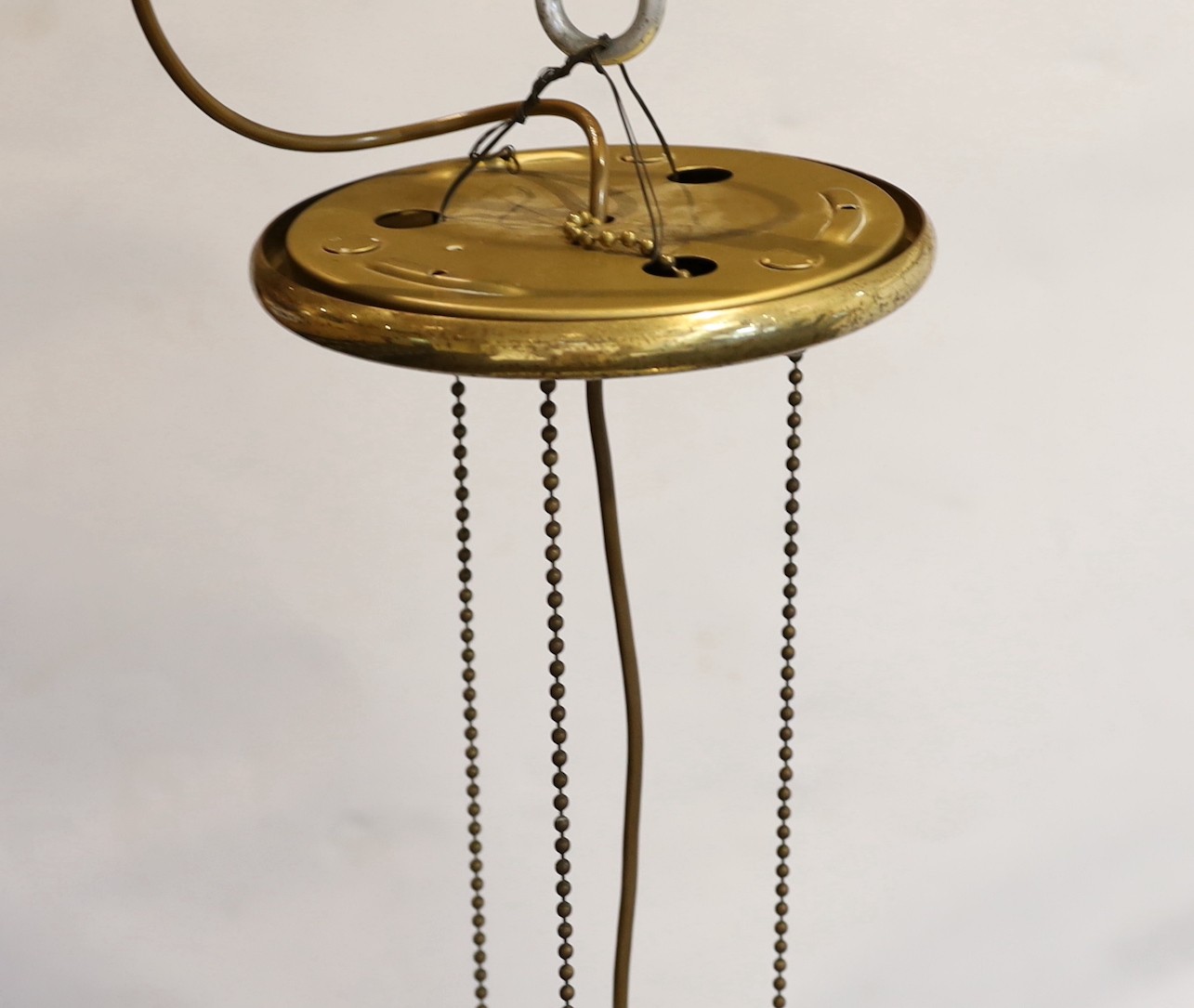 A 1960s Italian lacquered brass and marbled glass pendant ceiling light, height 64cm. diameter 41cm